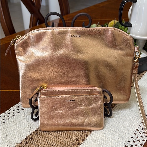 Lodis Leather RFID Metallic Rose Gold Shimmer Zipper Clutch and Coin Pouch Set - Picture 2 of 14